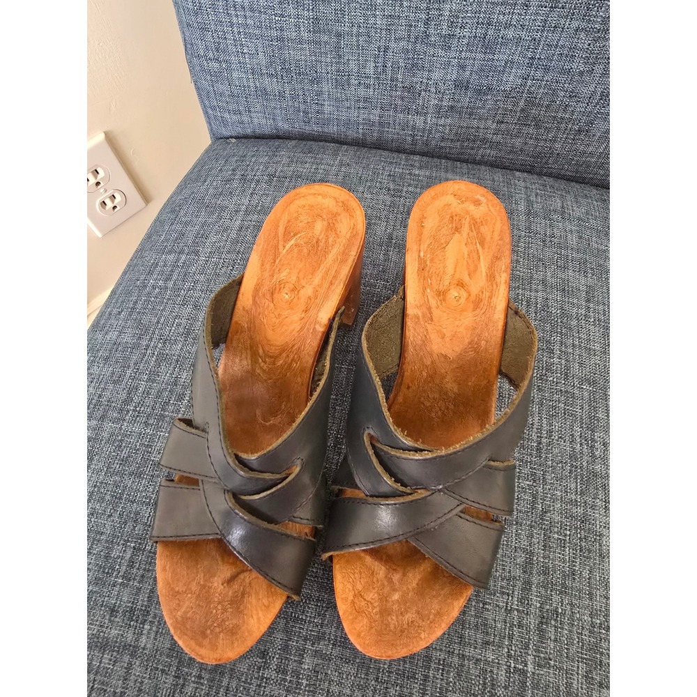 Candies Olivia Vintage 70s Style Navy Leather Wood Platform Clogs Madein Italy 6